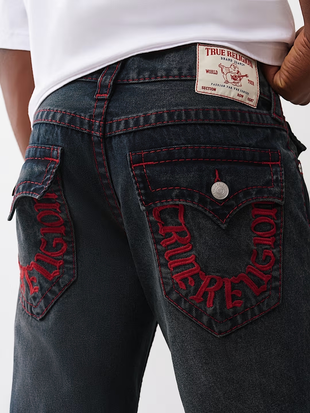 True Religion Men's Black Denim Jeans with Red Embroidery